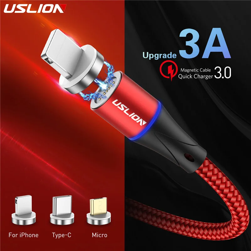 USLION 3A Магнитный usb-кабель type-C, магнитный кабель для телефона, быстрое зарядное устройство, USB Micro type C, зарядный шнур, быстрая зарядка для iPhone XS 7