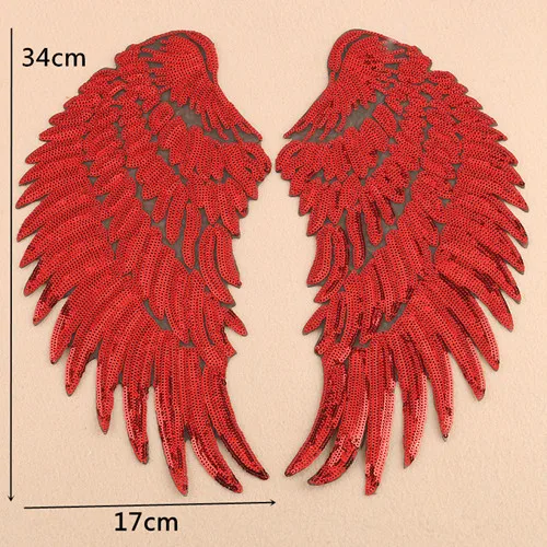 1 пара 17*33 см нашивки Крылья Золотого и серебряного цвета с блестками нашивка для пришивания утюга на одежду нашивка 3D перо аппликация DIY наклейки для свадьбы - Цвет: Red