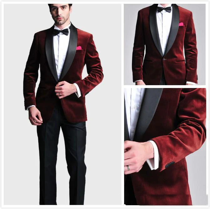 Burgundy Velvet Slim Fit Groom Tuxedos Wedding Suits Custom Made Groomsmen Best Man Prom Suits Black Pants (Jacket+Pants+Bo