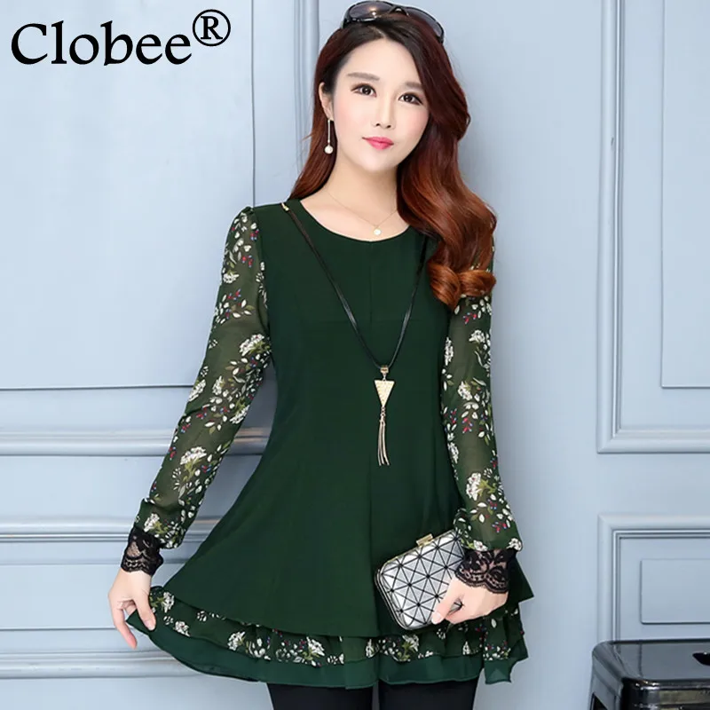 

Korean Ruffles Tops 2017 New ladies Chiffon shirts Plus size Printed clothing Patchwork lace blouse Women Tunic Social Blusa