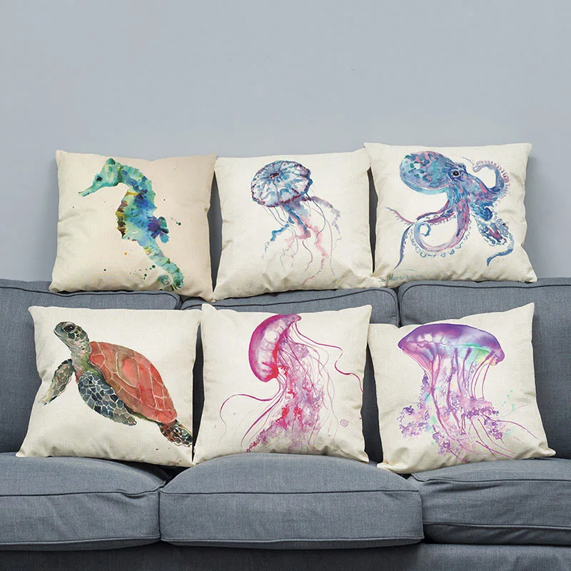 

Cushion cover Marine organisms, jellyfish, etc pattern linen/cotton pillow case Home decorative pillow cover seat pillow case