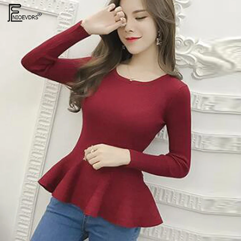 

2019 Basic Pullovers Sweaters Hot Women Ruffled Long Sleeve Slim Bodysuit Top Gray Green Black Red Peplum Top Knit Sweater J303