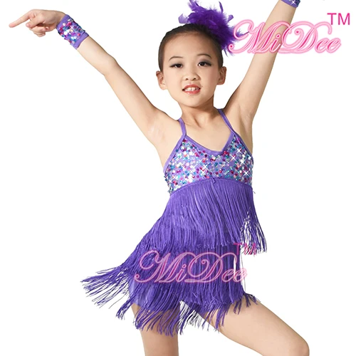 Латинские танцевальная сцена с блестками для девочек; костюмы для выступлений; платья с кисточками - Цвет: Purple