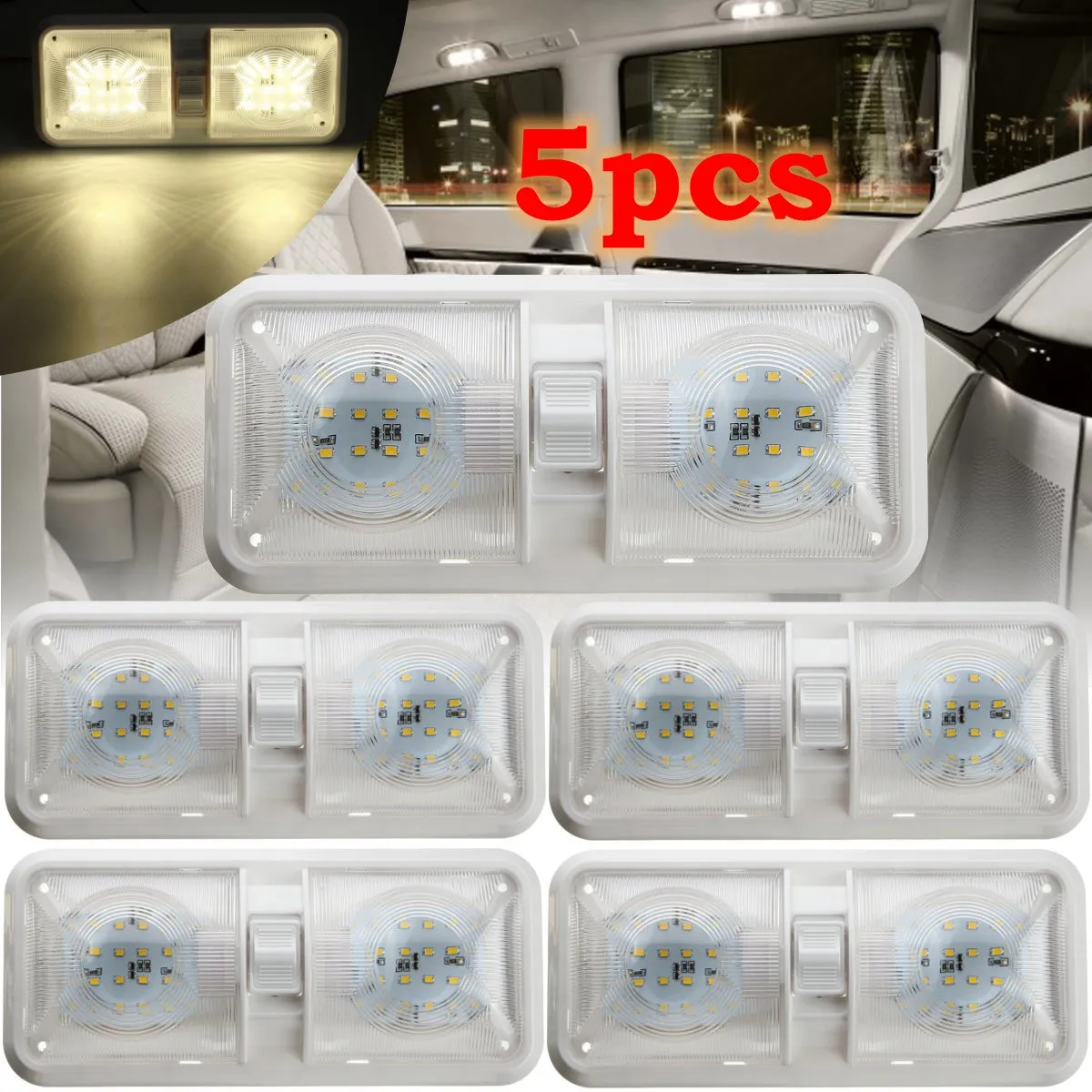 Barco para Reboque Luz de Teto para rv Pces Interior Dupla Cúpula Campista Branco 5 12 v 48led