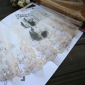 

19cm 7.48inch wide-3yards/lot Gold Thread Embroidered Tulle LaceTrim for Garment Decoration,