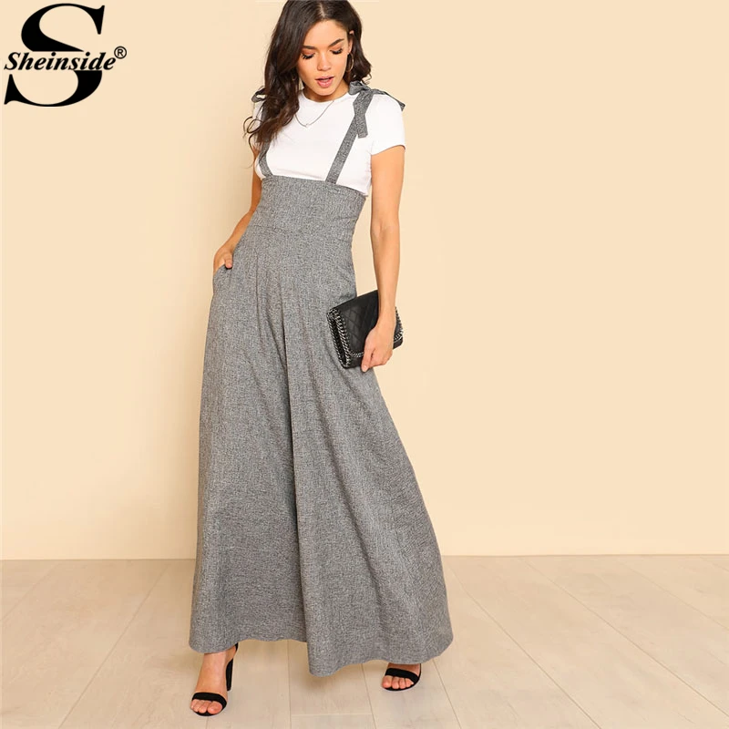 Goede Sheinside Zelf Tie Strap Wijde Pijpen Jumpsuit Grijs Mouwloos Hoge Taille Office Dames Werkkleding Jumpsuit Vrouwen Elegante Jumpsuit