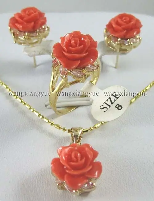 12 мм розовый коралл резные цветочные серьги кольцо ожерелье кулон набор ювелирных изделий