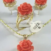 12 мм розовый коралл резные цветочные серьги кольцо ожерелье кулон набор ювелирных изделий