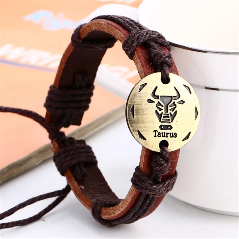 Fashion Bronze Alloy Buckles 12 Zodac Signs font b Bracelet b font Punk font b Wooden