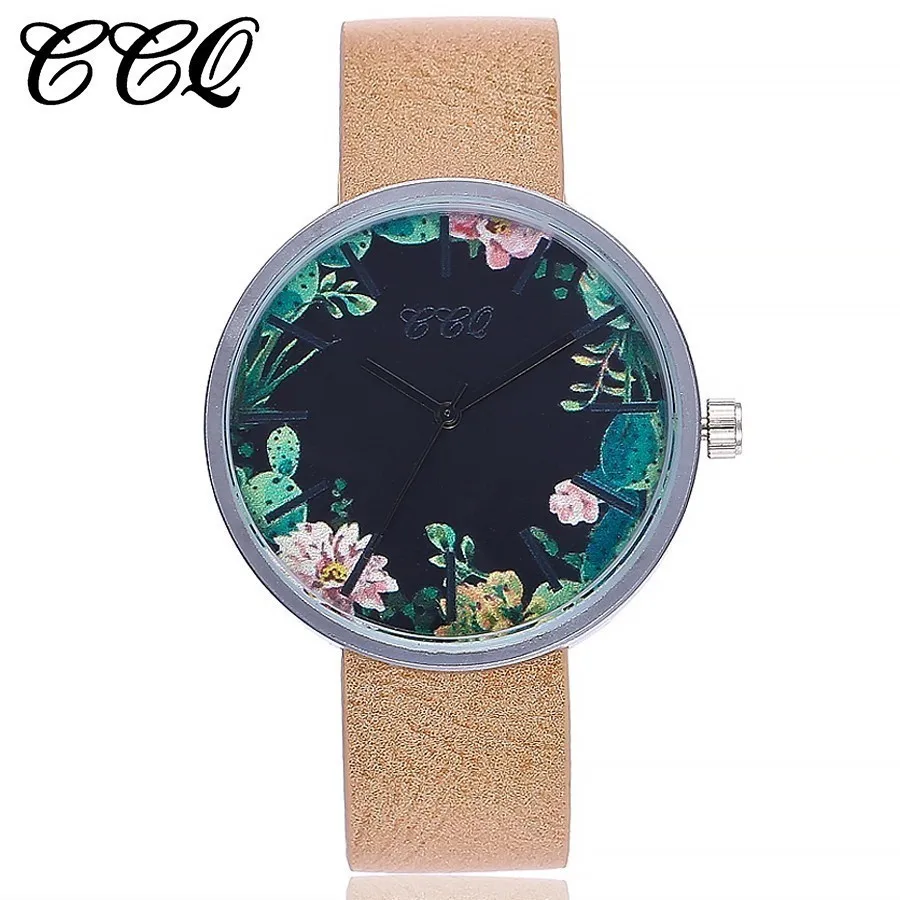 

New Popular CCQ Brand Women Floral Pattern Simple High-Quality Wristwatches Casual Leather Strap Quartz Watch Relogio Feminino