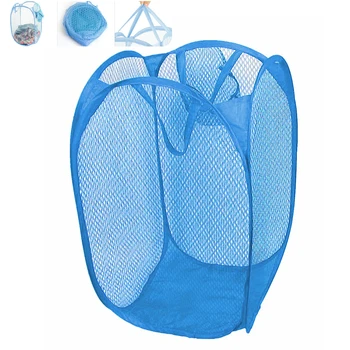 

2Pcs Foldable Laundry Mesh Pop Up Laundry Hamper Dirty Clothes Holder Case Collapsible Clothes Laundry Basket Blue (Large Size)