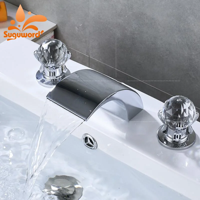 

Suguword Chrome 3pcs Bathtub Faucet with Tub Faucet Hot and Cold Mixer Tap Wall Mounted Crystal Hand Wheel