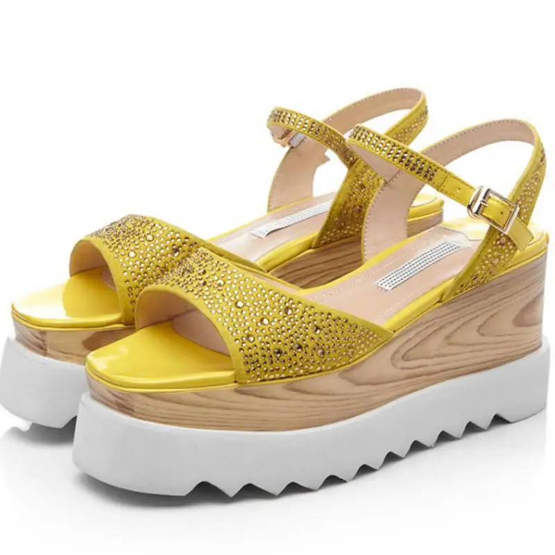 2017 Casual Cow leather upper pigskin liner women high wedges heel sandals lady wood pattern platform square toe summer shoes