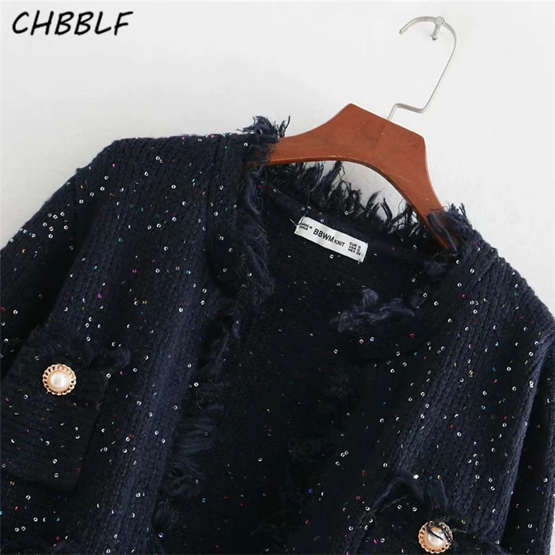 CHBBLF women chic sequined knitted jacket fringe tassels buttons long sleeve short coats open stitch outerwear tops BGB8552