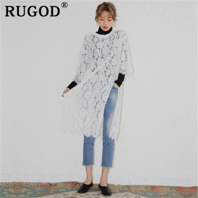

RUGOD 2019 New fashion Split Hollow womens tops Long section lace ladies tops O neck casual tunique femme