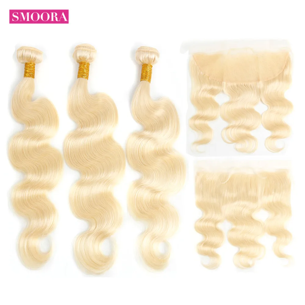 Skup Smoora 613 blond wiązki z Frontal peruwiański ciało fala włosy ludzkie w kolorze blond wiązki z Pre oskubane Frontal ucha do ucha nie Remy włosy