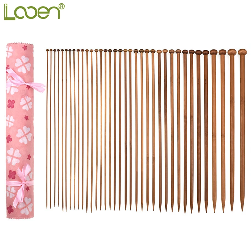 

36PCS Looen New Knitting Needles 35CM(13.78in) Bamboo Knitting Needles 18 Sizes For Needle Crochet with Pink Bag For Beginner