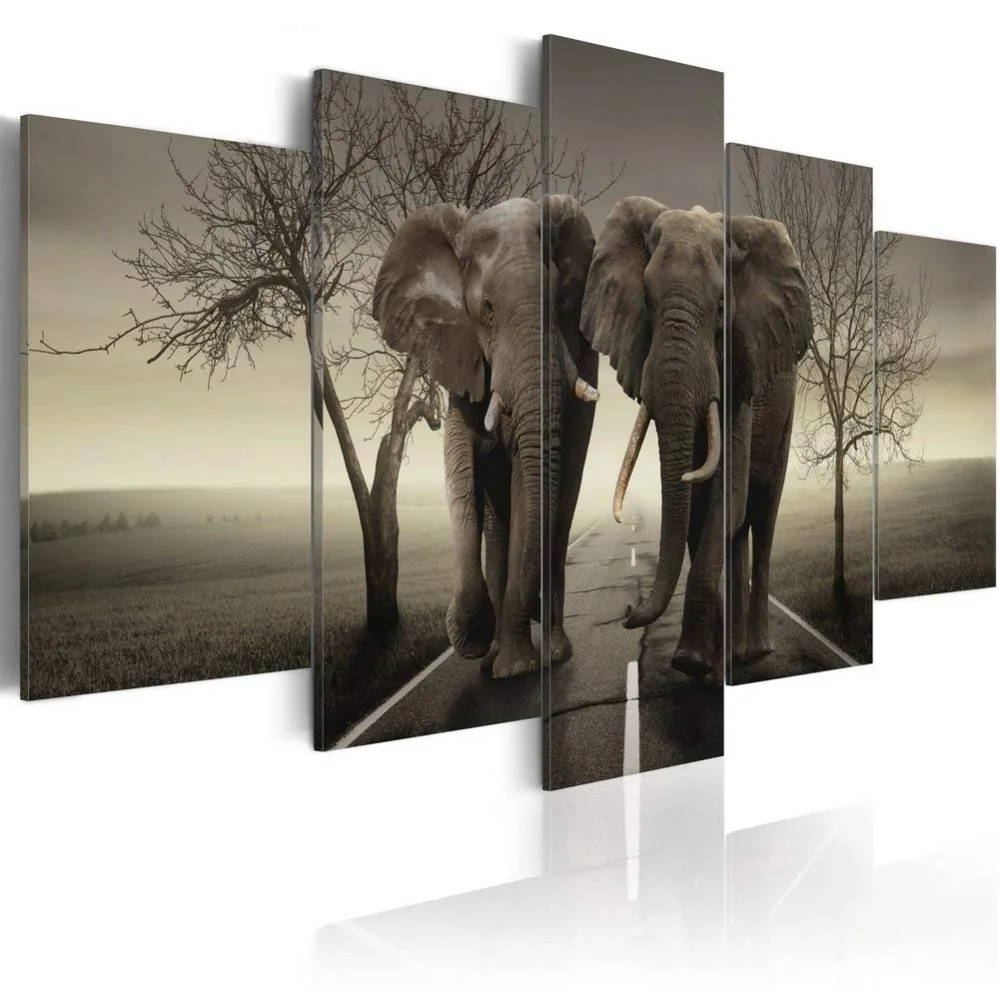 Konda Art Large Modern Wall Art Grey African Elephant Canvas Print Picture Home Decor 5 Piece Animal Artwork for Bedroom Framed and Ready to Hang (It's a Wild World!, 60x 30)