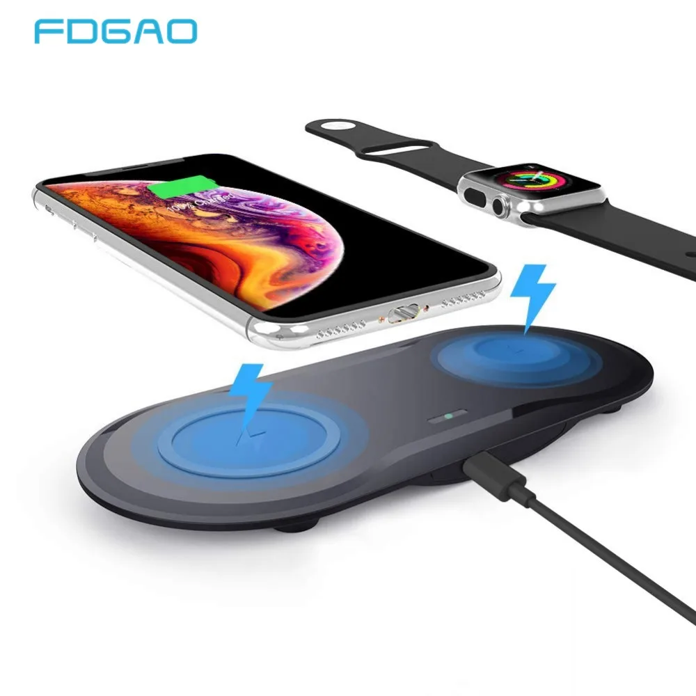 

FDGAO 10W Wireless Charger 2 in 1 Qi Fast Charging Pad Station For Apple Watch iWatch 4 3 2 iPhone XS MAX XR X 8 Samsung S9 S8