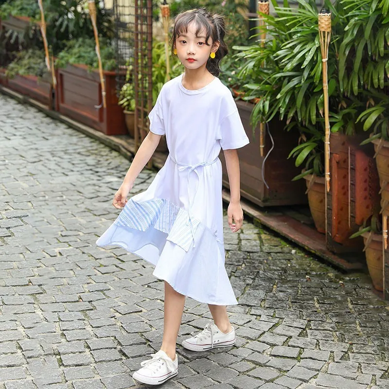 England Style White Blue Ruffles Patchwork A Line Dresses For Baby Big Girls Belt Knee Length Cotton Summer Party Dress Clothes | Детская