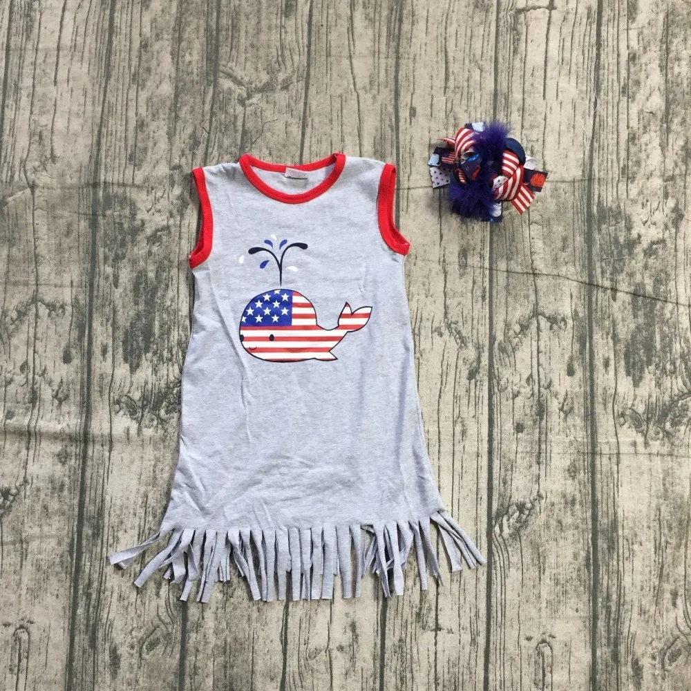 

Independence Day July 4th clothes dress grey whale sleeveless knee length dress baby girl kids wear boutique clothes match bow