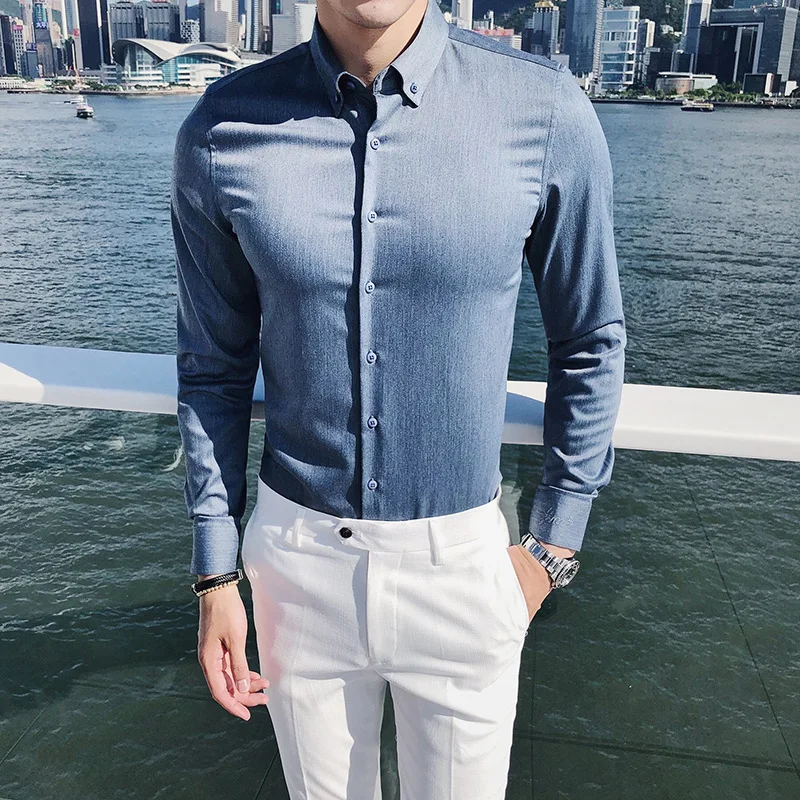 

Boutique Shirt Men Fashion 2018 Autumn New High Quality Dress Mens Shirts Long Sleeve Slim Fit Solid Business Formal Wear Tuxedo