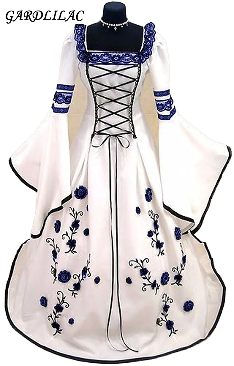 

New Muslim White Black Medieval Wedding Dresses 2021 Long Flare Sleeves 3D Flower Ball Gown Bridal Gown Robe De Mariage