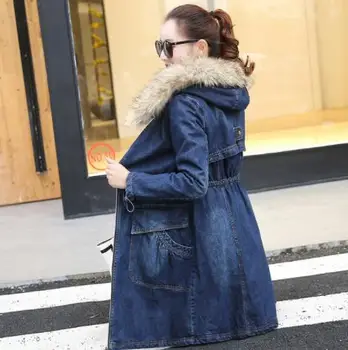 

Winter Fur Denim Jacket Women Bomber Jacket Long Sleeve Washed Blue Jeans Jacket Coat with Warm Lining Front Button Flap Pocket