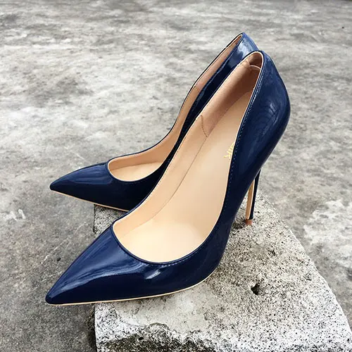 Veowalk/женские туфли с острым носком на высоком каблуке в итальянском стиле; блестящие туфли на шпильке из лакированной кожи; Женские однотонные туфли-лодочки; цвет темно-синий - Цвет: 8cm Heels