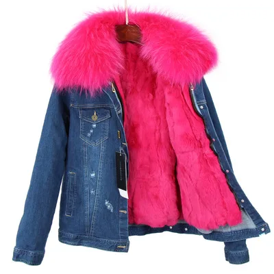 Джинсовая куртка зимняя куртка Для женщин натуральным мехом пальто натуральный мех енота меховой воротник реального толстые теплые с мехом кролика лайнер верхняя одежда - Цвет: color 11