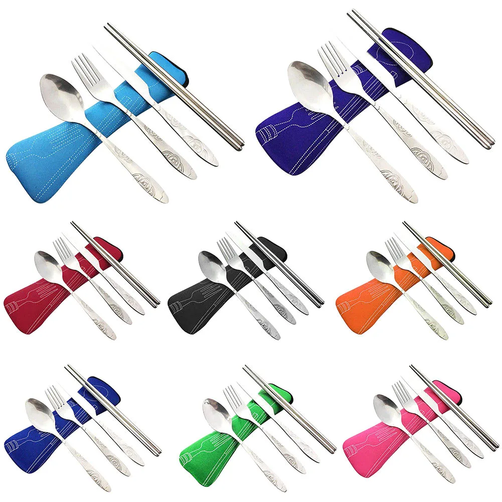 

4 Pcs/Set Stainless Steel Fork Spoon Chopsticks Travel Camping Cutlery Tools Tableware MSD-ING