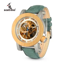 BOBO BIRD WK13 Bamboo Mechanica Watch Vintage Bronze Skeleton Clock Male Antique Steampunk Casual Automatic Navy Band Homme