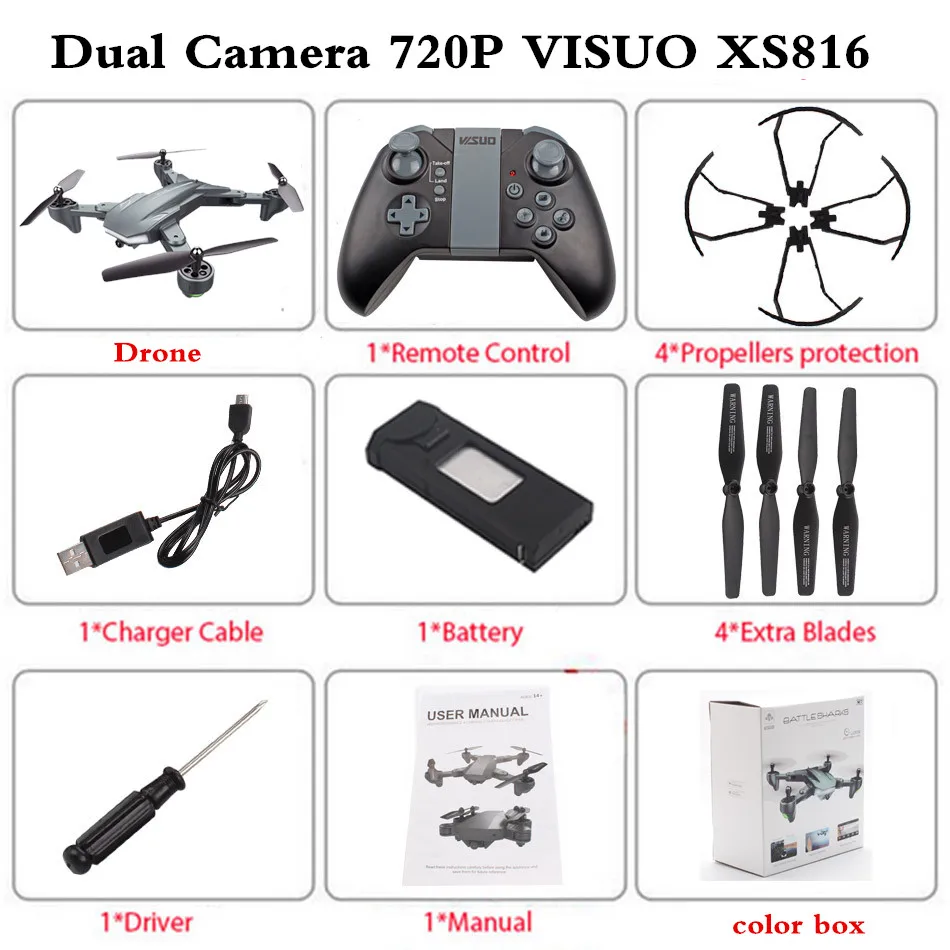 VISUO XS816 RC DroneOptical Flow позиционирование Двойная камера wifi 2MP+ 0.3MP Квадрокоптер с камерой жестовая съемка селфи Дрон - Цвет: 720P 1B Color Box