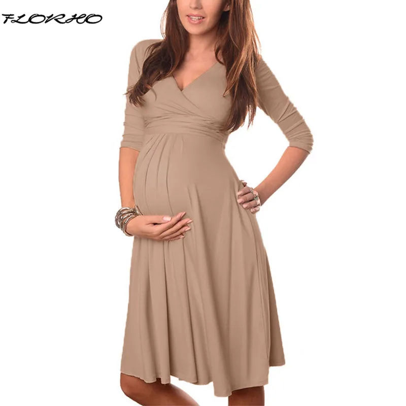 Maternity Clothes 2018 Spring Summer Pregnant Women Dress Casual Sexy V Neck 3/4 Sleeve Solid A-line Dresses Vestidos Plus Size solid 3 4 sleeve belt maxi dress