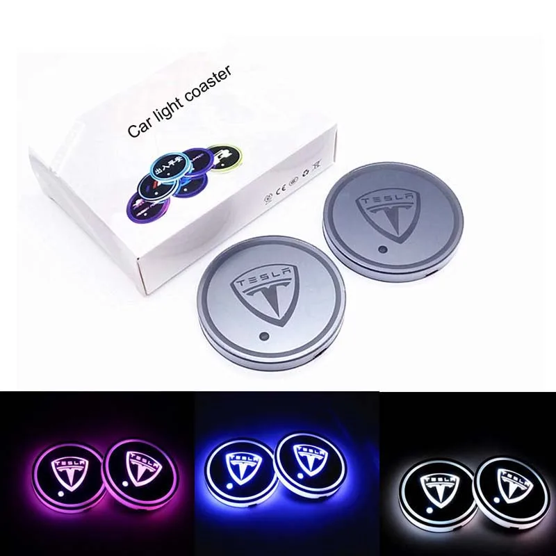 

2PCS LED Car Light Lamp Cup Holder Mat Pad Usb Charging Car Logo Anti-slip Mat for Tesla MODEL S MODEL X