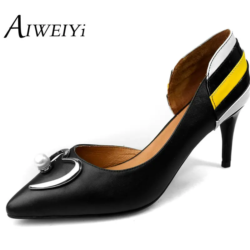 

AIWEIYi 2017 Women Pumps Slip on Pointed Toe High Heels Genuine Leather Wedding Shoes Woman Stiletto High Heel Sandal Shoes