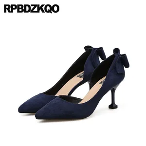 Office Stiletto Elegant Women High Heels Black Shoes D'orsay Navy Blue Pumps Suede Sexy Pointed Toe