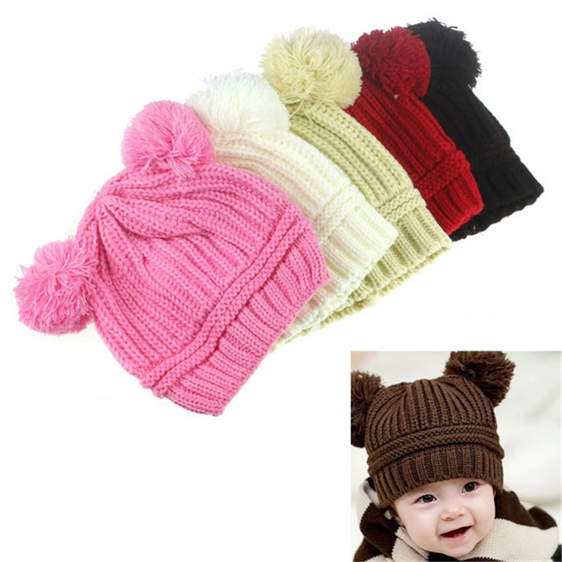 Newborn Baby Kids Girl Boy Dual Balls Warm Knitted Cap Beanie Hat Photo Prop New