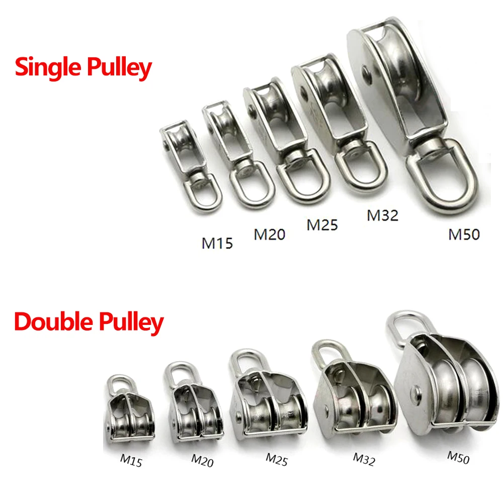 

1PC M15 M20 M25 M32 M50 Stainless Steel 304 Single or Double Wheel Swivel Lifting Rope Pulley Block 35KG-400KG for Wire Rope
