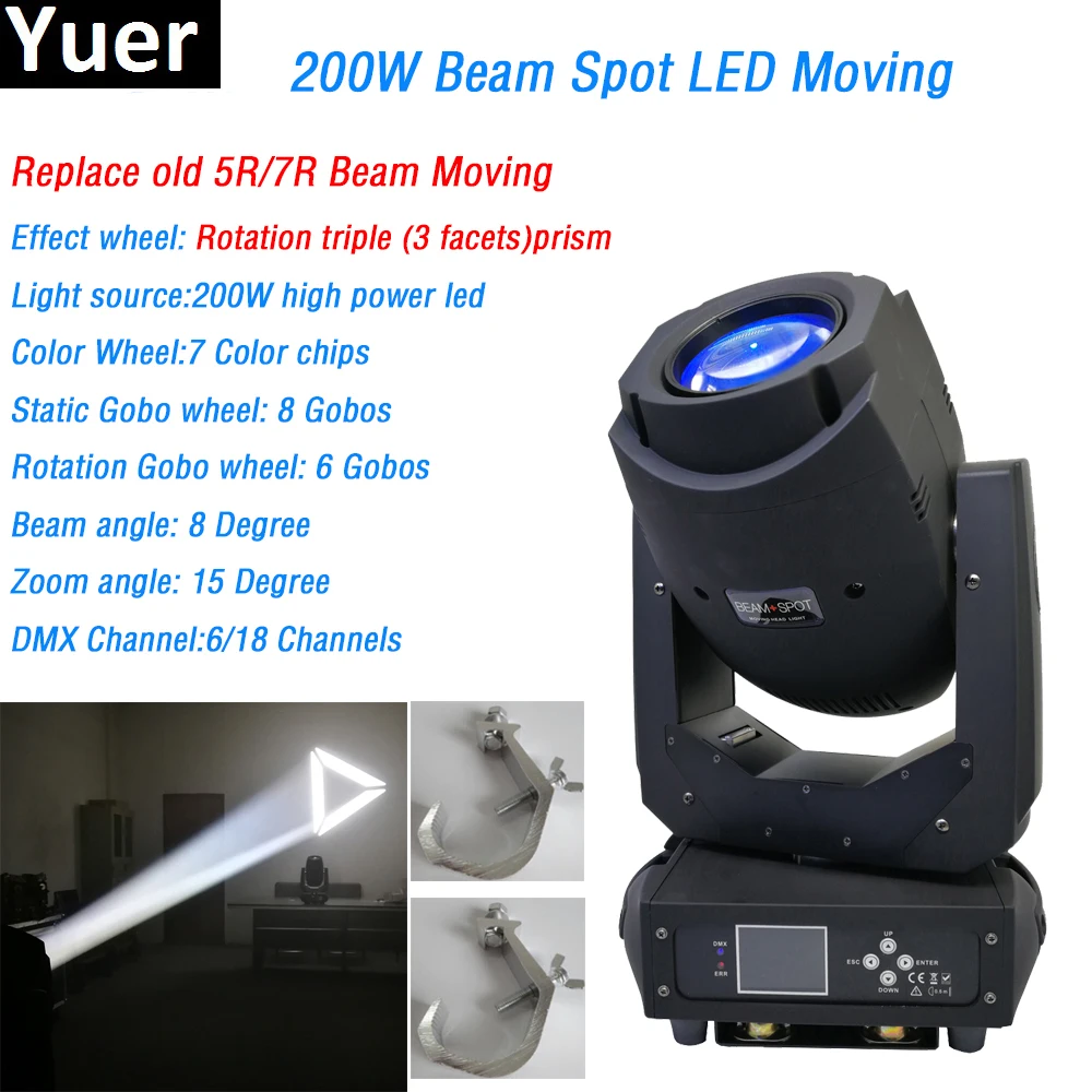 

Beam spot 2in1 200w led Moving Head Light 7 colors 3 facets prism 6/18 DMX Channels 2 Gobo wheels DJ Disco Party concert light