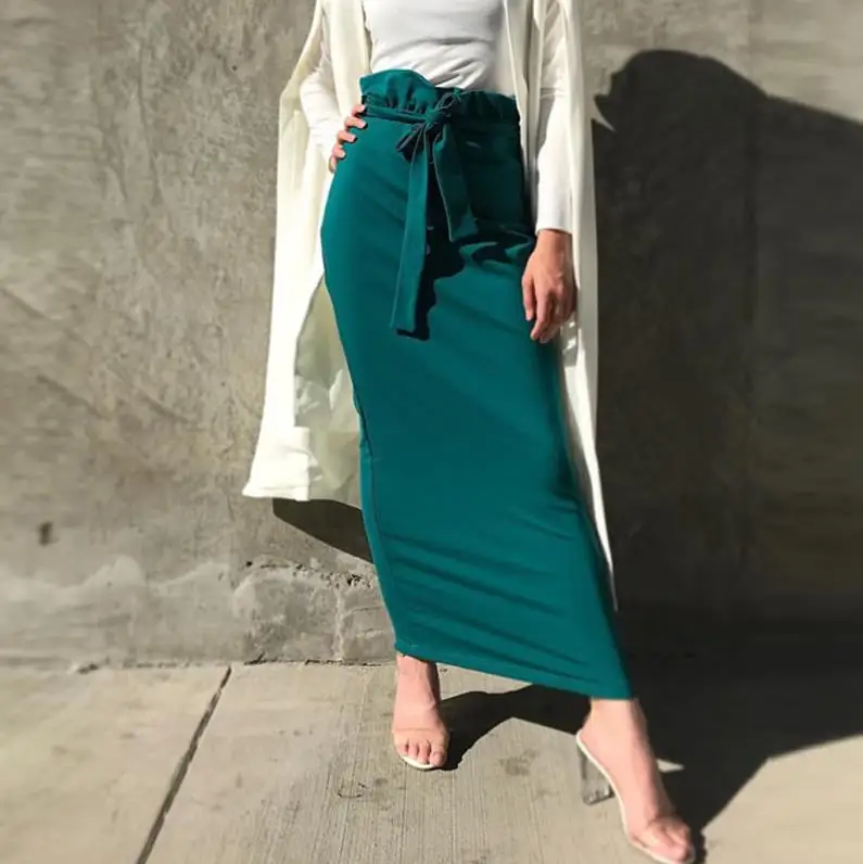 Dark green skirt Женская юбка с оборками Faldas Mujer Moda Лето abaya Дубайский мусульманский длинный макси Высокая талия сексуальные женские юбки Jupe Longue Femme - Цвет: Dark green skirt
