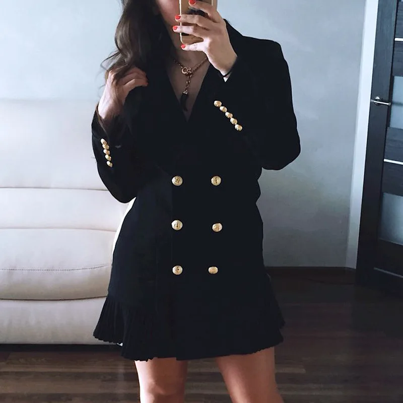 Women Fashion Elegant Office Lady Suit Dress V Neck Long Sleeve Double Breasted Jacket Outwear Pleated Slim Coat Skirt