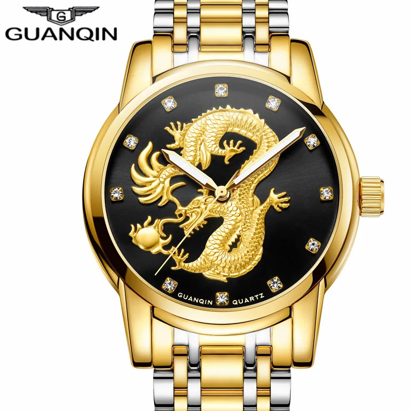 

Mens Watches Top Brand GUANQIN Luxury Gold Dragon Sculpture Quartz Watch Men Full Steel Waterproof Wristwatch relogio masculino