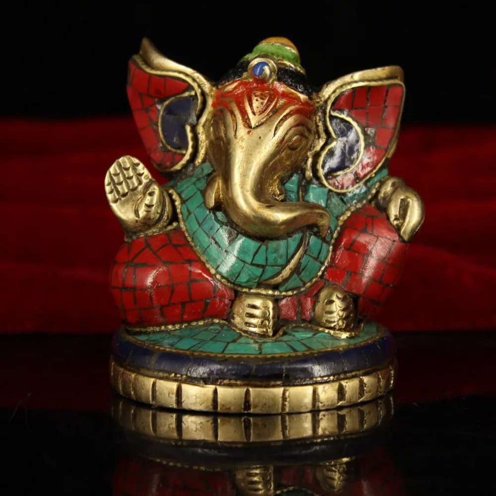 

Tibetan temple collection of pure copper hand-painted painted gold elephant nose God of wealth
