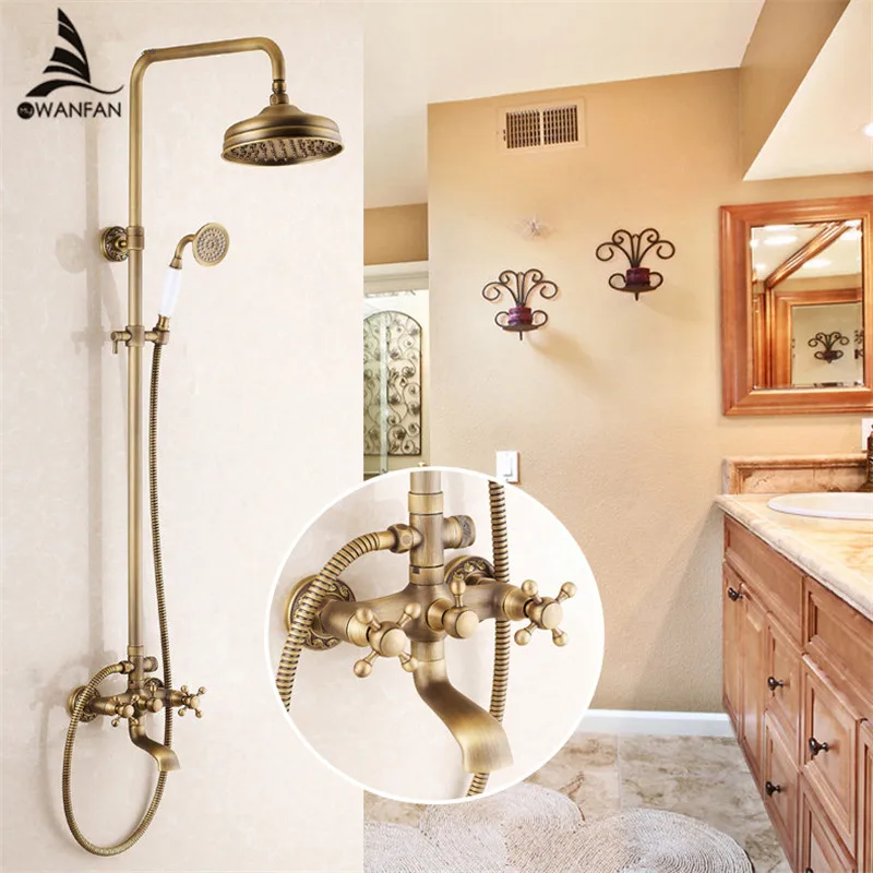 Luxury NEW Antique Brass Rainfall Shower Set Faucet + Tub Mixer Tap + Handheld Shower Wall Mounted Free Shipping WF-6821