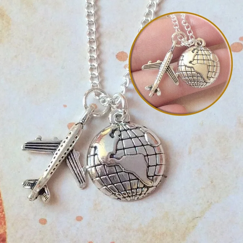 Модный старинное серебро мини Глобус земли, минисамолет, путешествие по миру ожерелье