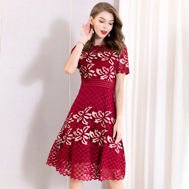 

office Lady hollow dress hot 2019 new ladies Women Short sleeve Party sexy Dress Plus Size Vintage Flower summer dresses A-Line