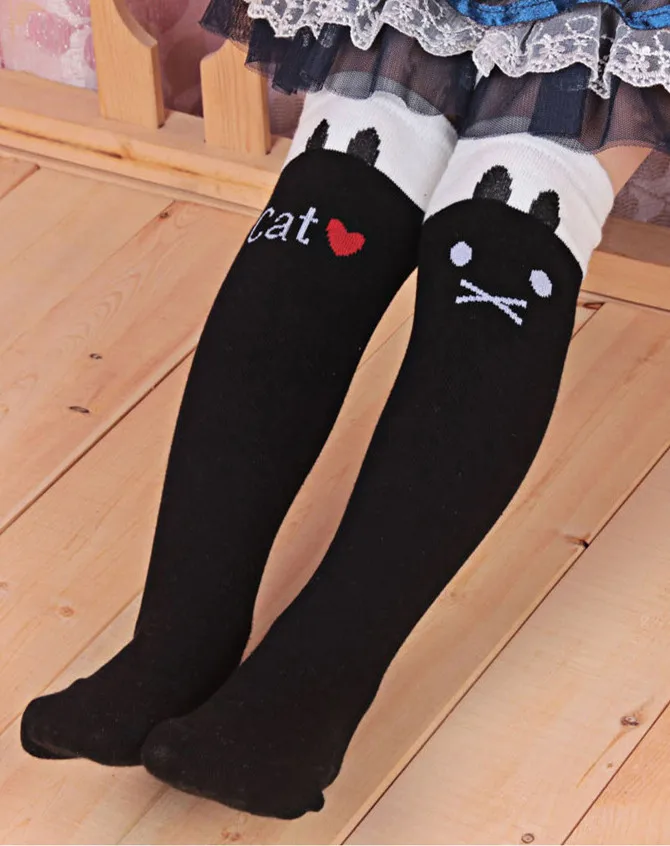 Осенние детские высокие носки до колен гетры для маленьких девочек хлопковые школьные колготки с рисунком кошки Calentadores Piernas гольфы для девочек от 2 до 8 лет - Цвет: Black High Knee Sock