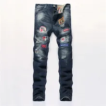 locomotive Jean top Mens Ripped Biker Jeans 100% Cotton Black Slim Fit Motorcycle Jeans Men Vintage Distressed Denim Jeans Pants