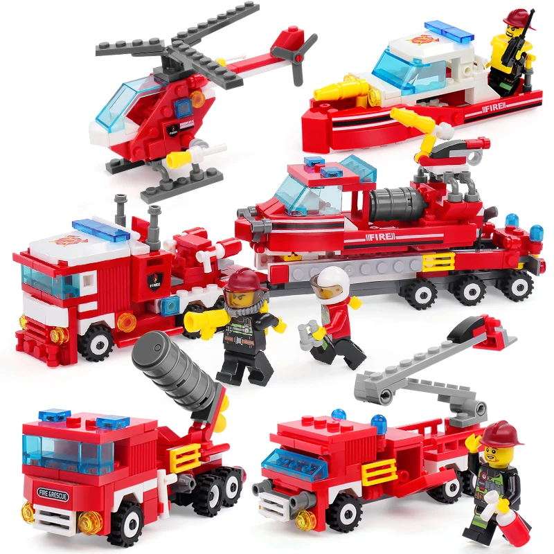 348pcs Fire Fighting 4in1 Trucks Car Helicopter Boat Building Blocks Compatible legoingly city Firefighter figures children Toys